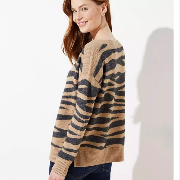 LOFT Tiger Striped Sweater Women XL Brown Gray Wool Blend Boat Neck Long Sleeves - Picture 2 of 8